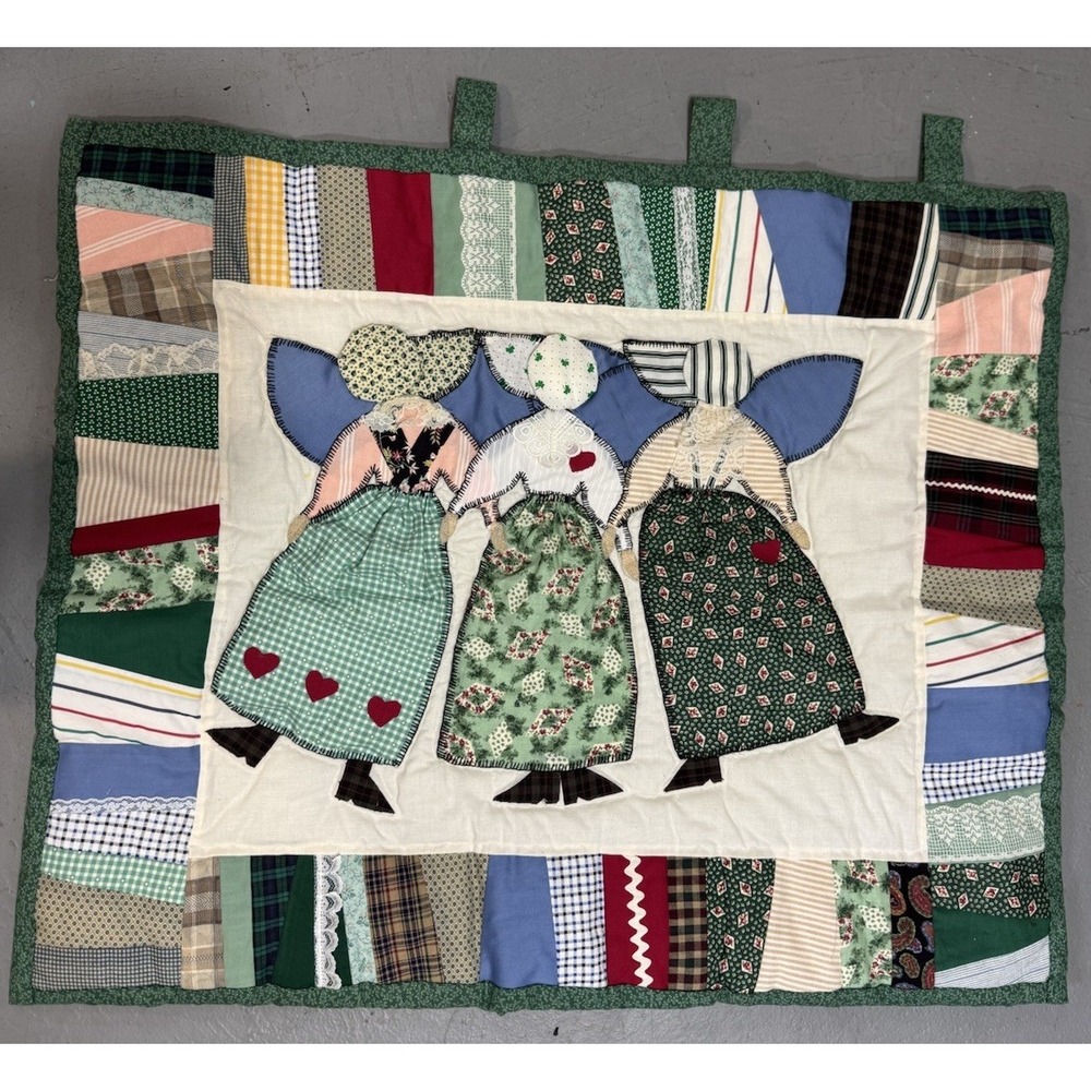 Vintage 98 Handmade Quilted Wall Hanging Irish Angel Sisters Folk Art Patchwork